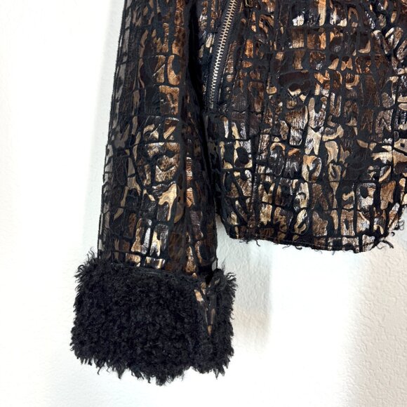 Y2K Rocker Jacket Faux Croc Pattern Black Gold Sherpa Lined Holiday Large - Picture 5 of 11
